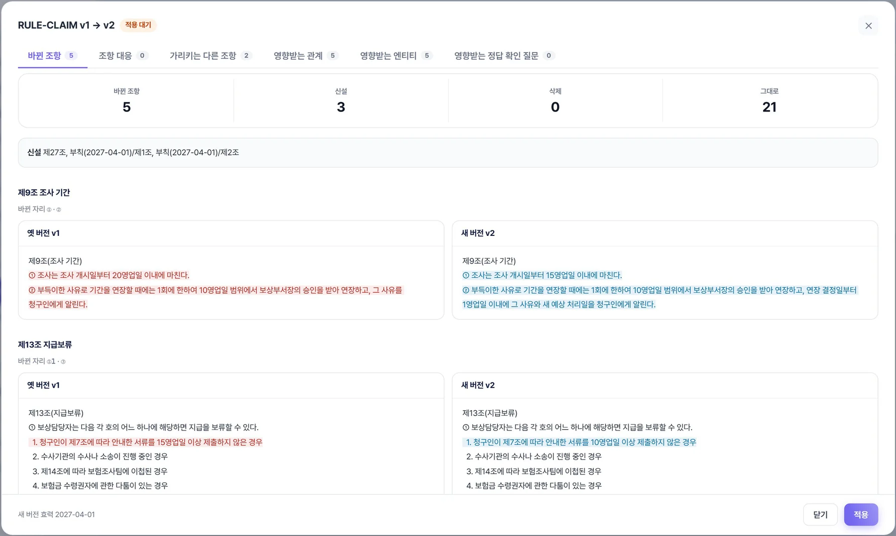 개정 영향 — 개정 전후 조문 비교